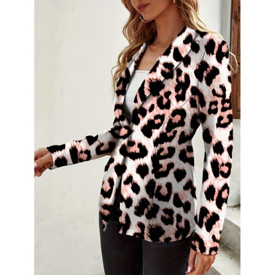 Leopard Print One Button Blazer, Casual Lapel Long Sleeve Outerwear, Women's Clothing