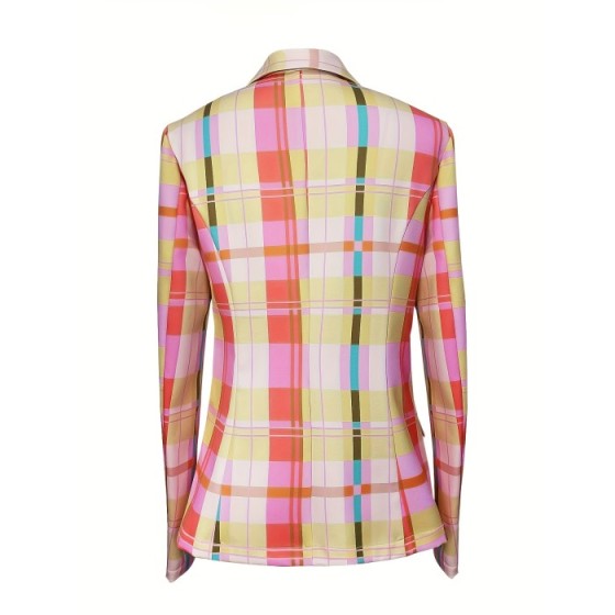 Women's Plaid Print Lapel Blazer - Casual Double Breasted Open Front Outerwear