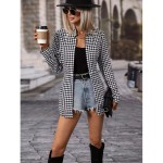 Elegant Houndstooth Print Open Front Blazer for Women - Stylish Long Sleeve Work Office Outerwear